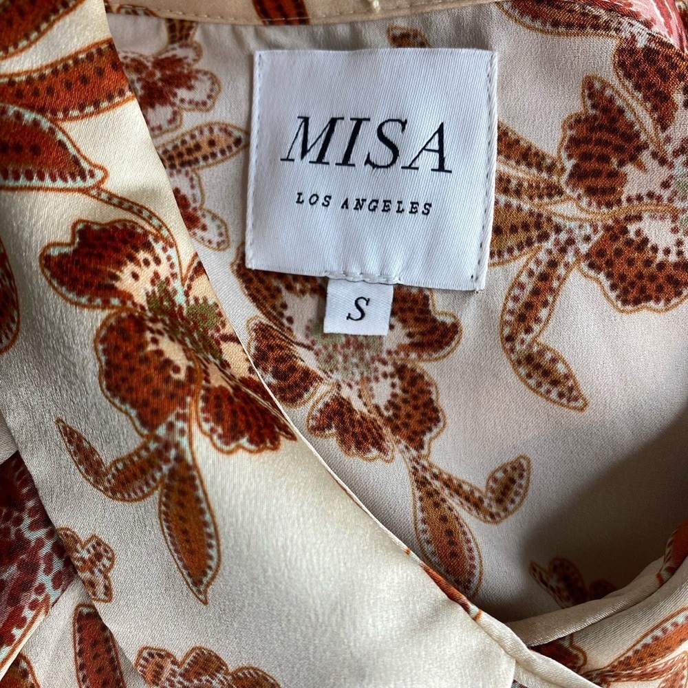 Misa X Revolve Beautiful Satin Floral Cream and Brown Fall Tone Blouse Sz Small - Picture 5 of 6